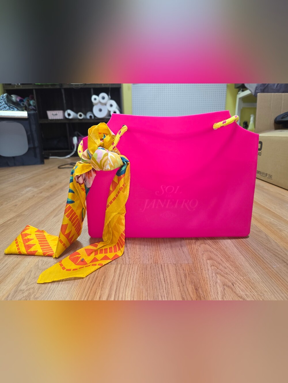 Sol De Janeiro Hot Pink Rubber Tote with Yellow Scarf